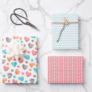 Cute Coral Red Pink Aqua Blue Heart Art Pattern Wrapping Paper Sheet