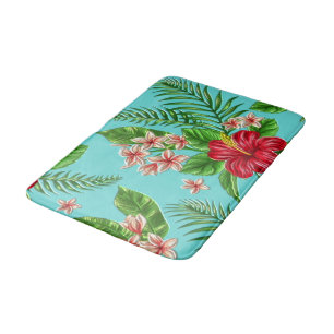 Cute Coral Tropical Hibiscus Flower On Turquoise Bath Mat