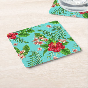 Cute Coral Tropical Hibiscus Flower On Turquoise Square Paper Coaster