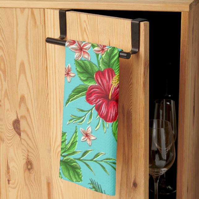 Cute Coral Tropical Hibiscus Flower On Turquoise Tea Towel (Thirds Fold)