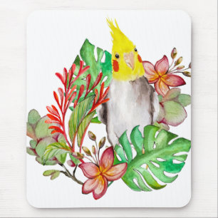 Cute Corella parrot in tropical plants and flowers Mouse Pad