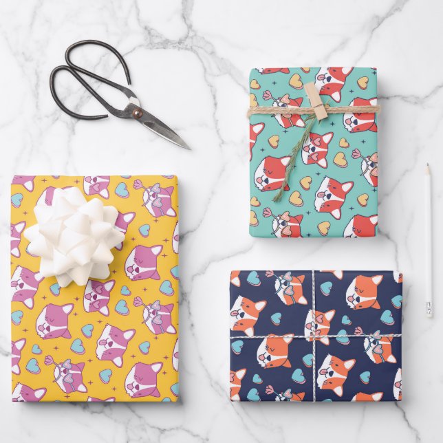 Cute Corgi and Heart Dog Pattern Valentine's Day Wrapping Paper Sheet (Front)