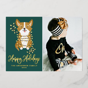Cute Corgi and String Lights Photo Happy Holidays Foil Holiday Card