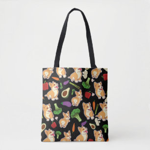 Cute Corgi and Vegetables Food Pattern Black Tote Bag