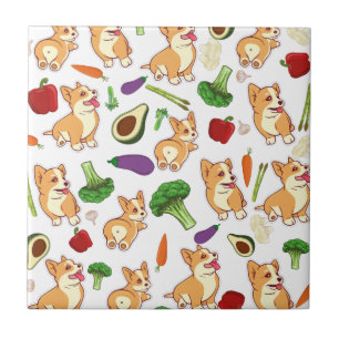 Cute Corgi and Vegetables Food Pattern Ceramic Tile