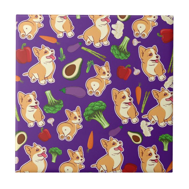 Cute Corgi and Vegetables Food Pattern Ceramic Tile (Front)