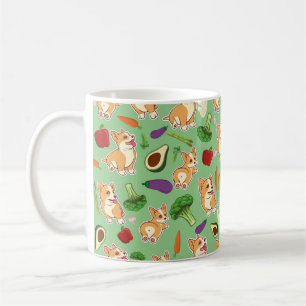 Cute Corgi and Vegetables Food Pattern Green Coffee Mug