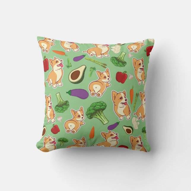 Cute Corgi and Vegetables Food Pattern Green Cushion (Front)