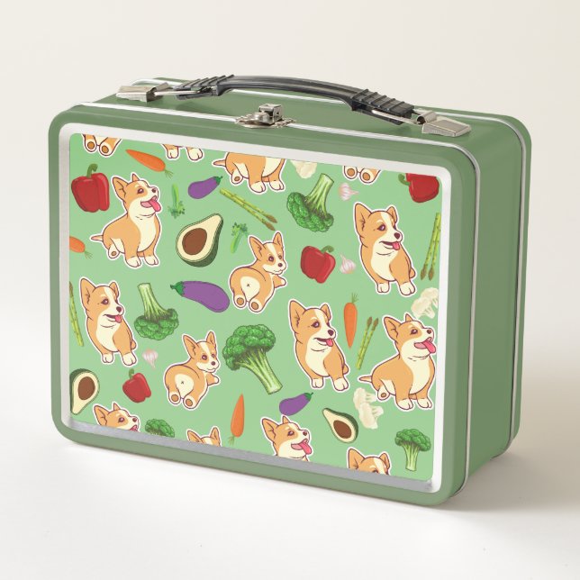 Cute Corgi and Vegetables Food Pattern Green Metal Lunch Box (Front)