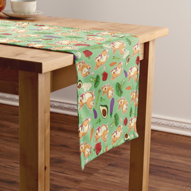 Cute Corgi and Vegetables Food Pattern Green  Short Table Runner (In Situ)