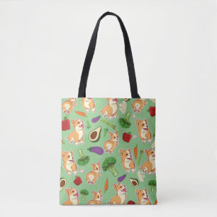 Cute Corgi and Vegetables Food Pattern Green   Tote Bag