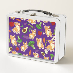 Cute Corgi and Vegetables Food Pattern Metal Lunch Box