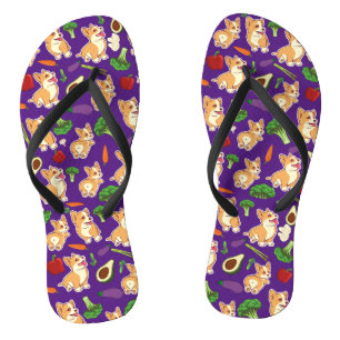 Cute Corgi and Vegetables Food Pattern  Purple Thongs