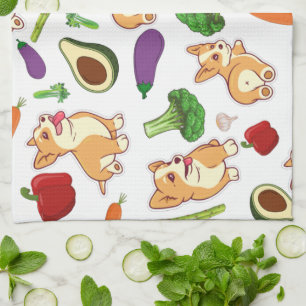 Cute Corgi and Vegetables Food Pattern Tea Towel