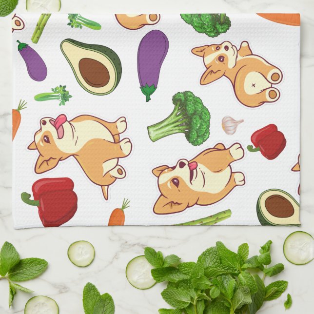 Cute Corgi and Vegetables Food Pattern Tea Towel (Folded)