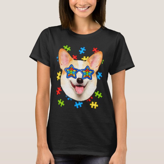 Cute Corgi Autism Puzzle Sunglasses Puppies Owners T-Shirt (Front)