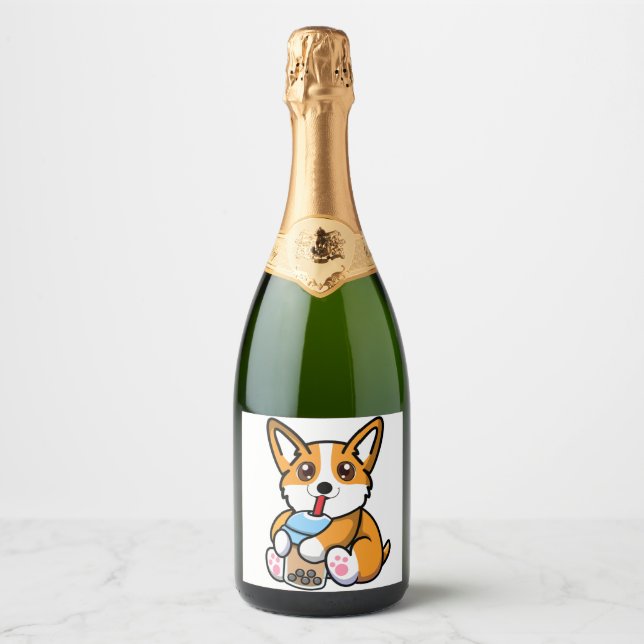 Cute Corgi Boba  Sparkling Wine Label (Front)