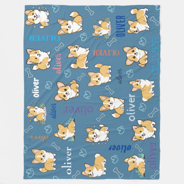 Cute Corgi Bones and Hearts with Name Fleece Blanket (Front)