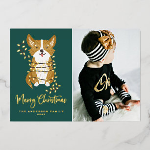 Cute Corgi Christmas Lights Dog Photo Holiday Card