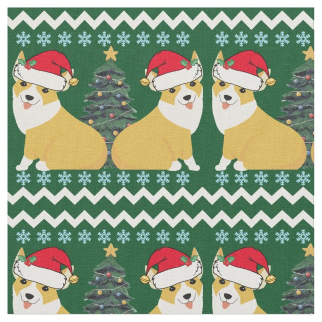 Cute Corgi Christmas Santa Fabric (Close Up)
