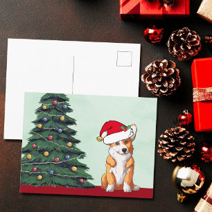 Cute Corgi Christmas Tree Dog Santa Hat Holiday  Postcard