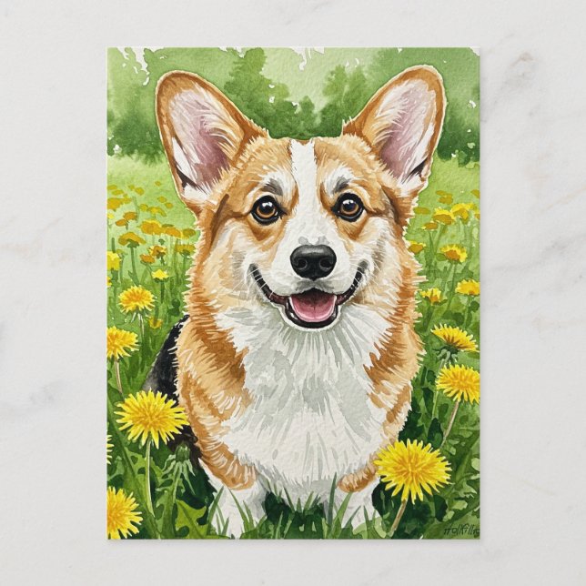 Cute Corgi Dandelions Spring Postcard (Front)