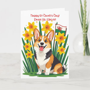 Cute Corgi Dog Amongst Daffodils Supporting Wales Card