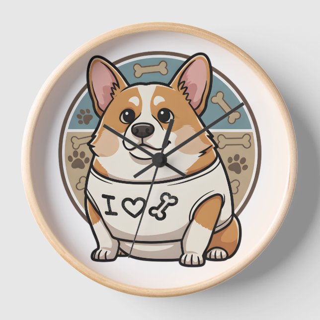 Cute Corgi Dog Clock with Bone Pattern (Front)