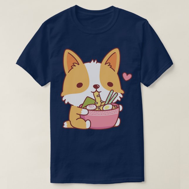 Cute Corgi Dog Eating Japanese Ramen Noodles T-Shirt (Design Front)