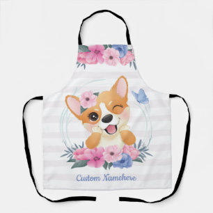 Cute Corgi Dog Flower Wreath Blue Butterfly Custom Apron