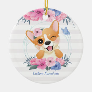 Cute Corgi Dog Flower Wreath Blue Butterfly Custom Ceramic Ornament