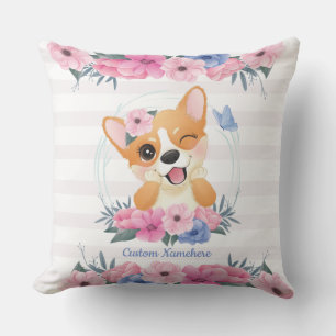 Cute Corgi Dog Flower Wreath Blue Butterfly Custom Cushion