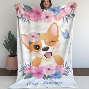 Cute Corgi Dog Flower Wreath Blue Butterfly Custom Fleece Blanket
