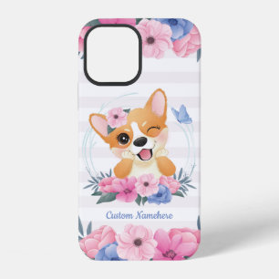 Cute Corgi Dog Flower Wreath Blue Butterfly Custom iPhone 12 Case