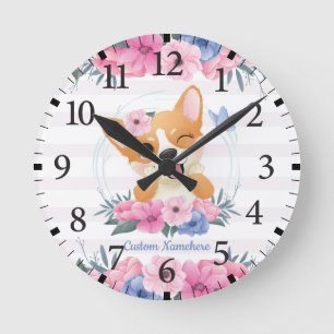 Cute Corgi Dog Flower Wreath Blue Butterfly Custom Round Clock