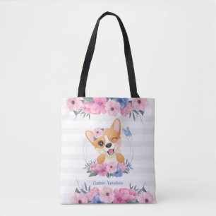 Cute Corgi Dog Flower Wreath Blue Butterfly Custom Tote Bag