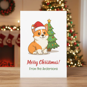 Cute Corgi Dog in a Red Hat with Christmas Tree Holiday Card