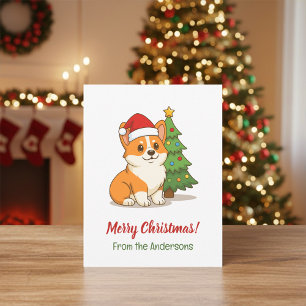 Cute Corgi Dog in a Red Hat with Christmas Tree Postcard