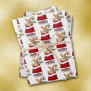 Cute Corgi Dog in Holiday Gift Bag Wrapping Paper Sheet
