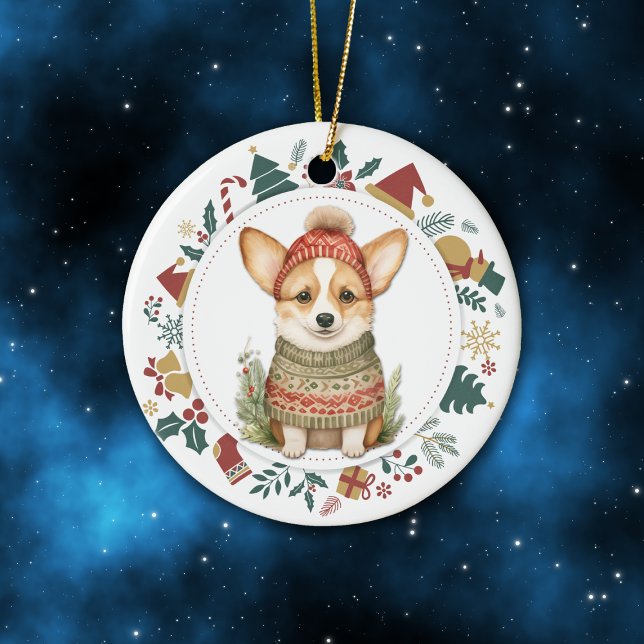 Cute Corgi Dog in Winter Sweater Christmas Ceramic Ornament (Creator Uploaded)