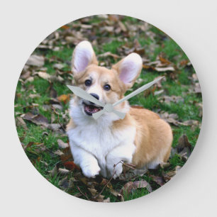 Cute Corgi Dog Leaping Large Clock