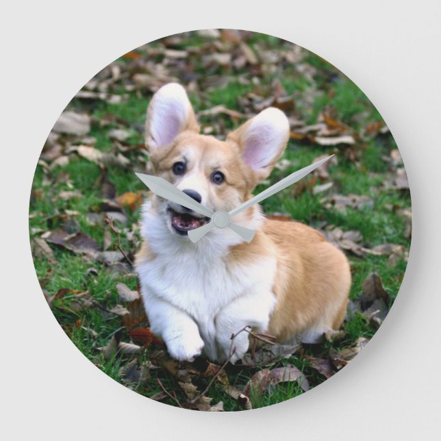 Cute Corgi Dog Leaping Large Clock (Front)