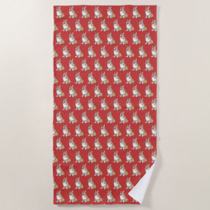 Cute Corgi dog pattern on Red background Beach Towel