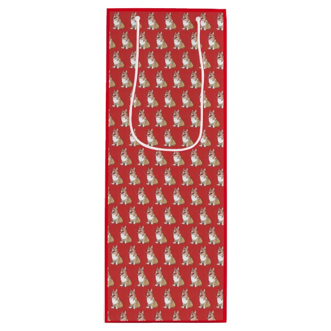 Cute Corgi Dog Pattern on Red Background Wine Gift Bag (Front)