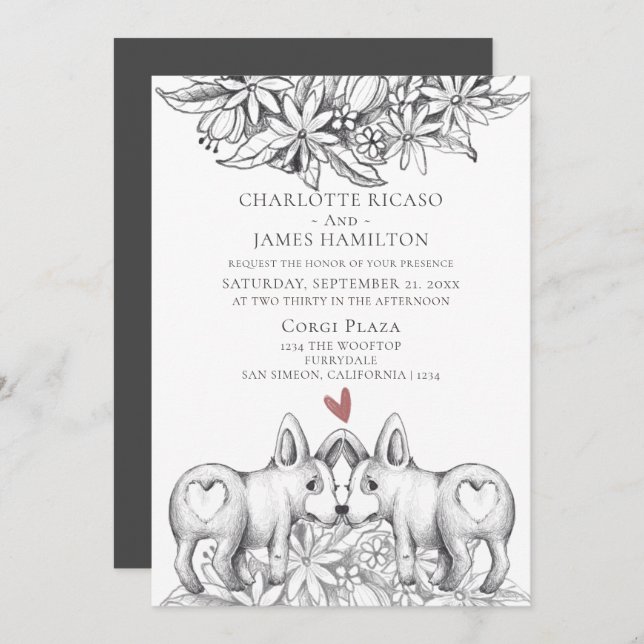 Cute Corgi Dog Pencil Drawing Wedding Invitation (Front/Back)