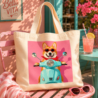 Cute Corgi Dog Riding Retro Blue Scooter Large Tote Bag