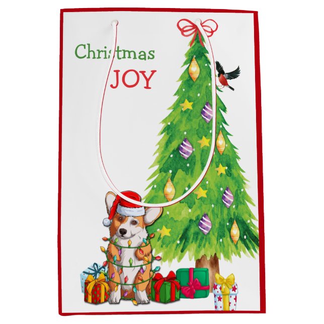 Cute Corgi Dog Santa Hat and Christmas Tree Medium Gift Bag (Front)