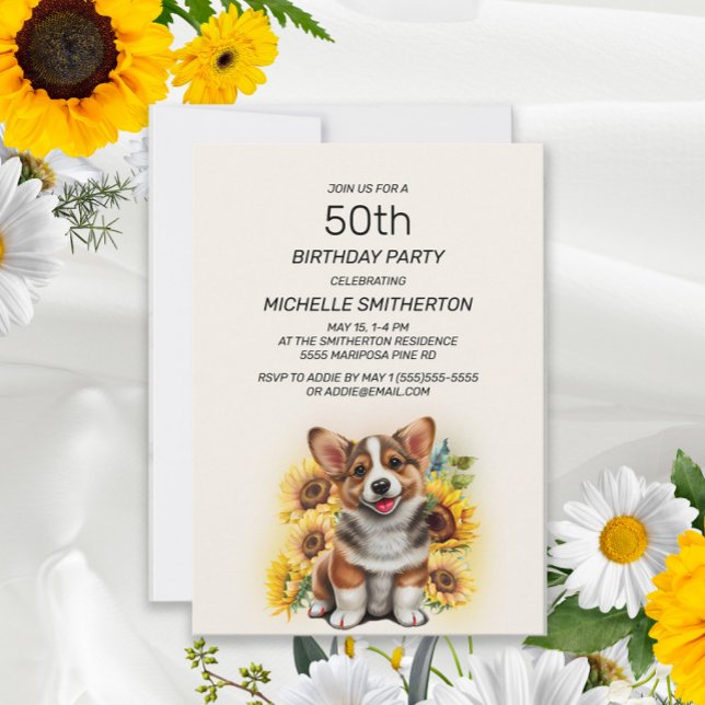 Cute Corgi Dog Sunflowers 50th Birthday Invitation (Creator Uploaded)