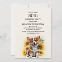 Cute Corgi Dog Sunflowers 80th Birthday