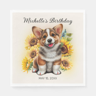 Cute Corgi Dog Sunflowers Birthday Napkin